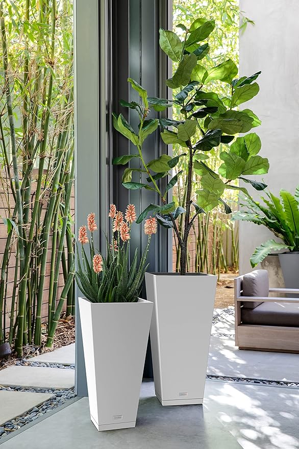 Veradek V-Resin Indoor/Outdoor Taper Planter (White, 26 inch - 2 Pack with 2 Saucer Trays)