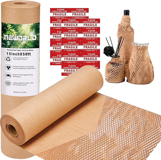 Neworld Honeycomb Packing Paper,Eco Friendly Bubble Cushioning Wrap for Moving,Products & Gifts Wrapping Paper,Recyclable Cushioning Packing Material (15" x 50') With 20 Fragile Sticker Labels