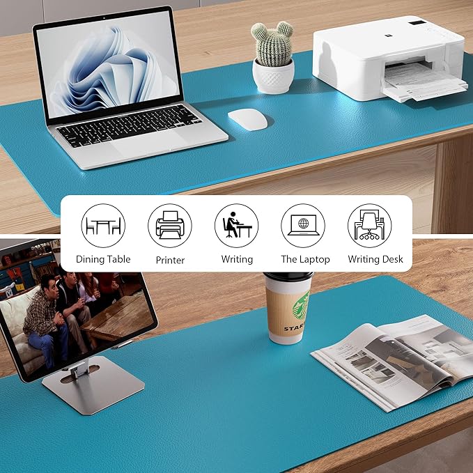 Aothia Leather Desk Pad Protector, Mouse Pad, Office Desk Mat, Non-Slip PU Leather Desk Blotter, Laptop Desk Pad, Waterproof Desk Writing Pad for Office and Home (Turquoise,36" x 17")