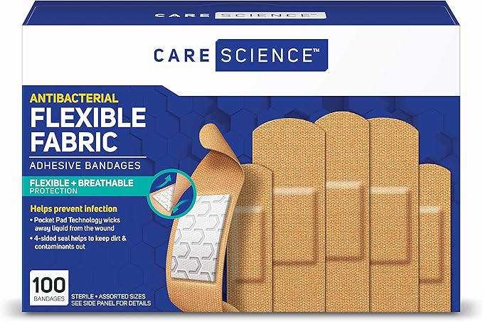 Care Science Fabric Adhesive Bandages, 100 ct Assorted Sizes | Flexible + Breathable Protection Helps Prevent Infection for First Aid and Wound Care