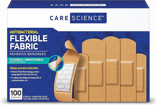 Care Science Fabric Adhesive Bandages, 100 ct Assorted Sizes | Flexible + Breathable Protection Helps Prevent Infection for First Aid and Wound Care