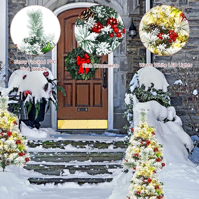 HAPPYGRILL Outdoor Pathway Christmas Tree Set of 2, Pre-Lit Snow Flocked Xmas Trees with LED Lights, 8 Light Modes, 29 inch Battery Powered Porch Christmas Trees for Holiday Decoration