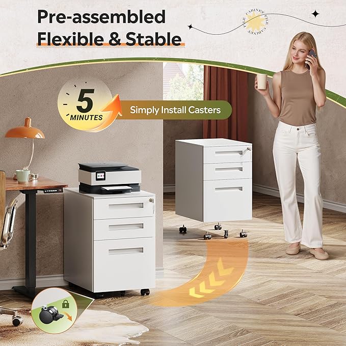 DEVAISE 3-Drawer Metal File Cabinet with Lock, Mobile Filing Cabinet Under Desk for Home Office, Fully Assembled Printer Stand fits A4/F4/Letter/Legal Size, White, 20" D x 15" W x 24" H