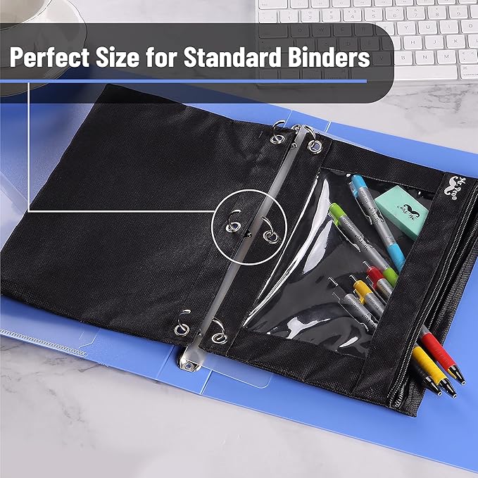 Mr. Pen Fabric Pencil Pouch with 3 Binder Holes, Black, Set of 2