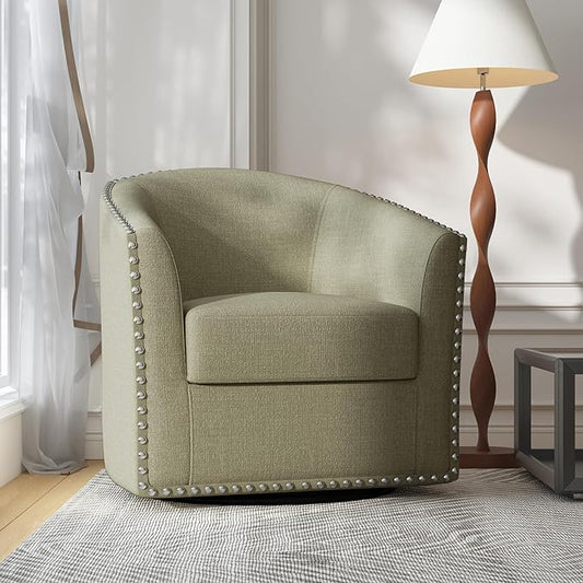 UIXE 360° Swivel Barrel Accent Chair, Modern Upholstered Arm Chair Round Club Armchair, Nailhead Trim Single Sofa Seating in Fabric for Living Room - Light Camel
