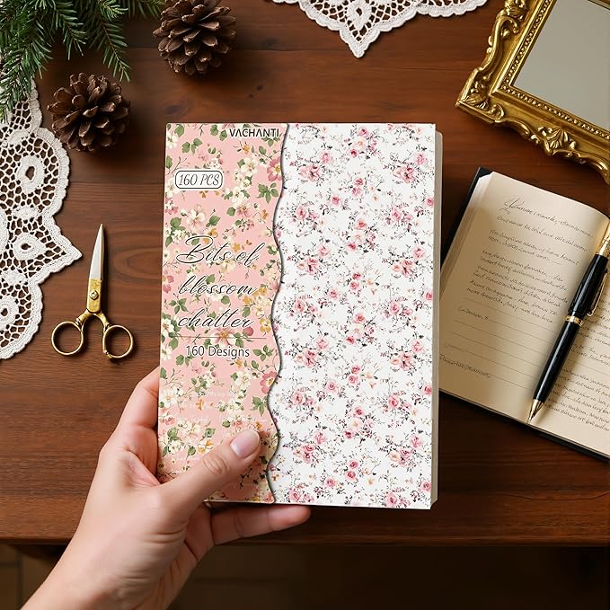 160 Sheets Vintage Flower Scrapbook Paper Purple Pink Flowers with Cursive Script No Repeating Patterns Perfect for Junk Journal DIY Cards Craft Albums Scrapbooking Supplies (Pink, 3.9 x 5.5 inches)