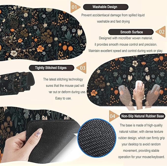 Retro Dark Floral Desk Mat Cute Plant Flowers Mouse Pad XL Large Desk Pad Aesthetic Sage Desk Matt for Desktop, Laptop Computer Keyboard Mouse Mat for Women Office Decor Accessories 31.5x11.8 in