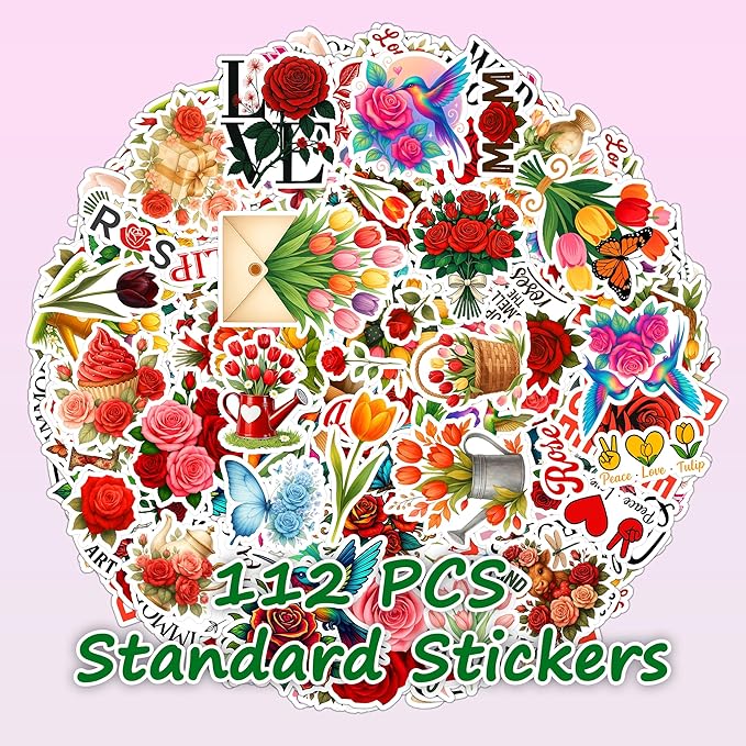 115 PCS Rose and Tulip Stickers Pack, Floral Watercolor Vinyl Waterproof Decals with Roses Tulips Hummingbirds Butterflies, Gift for Kids Teens Adults Laptop Water Bottle Scrapbook