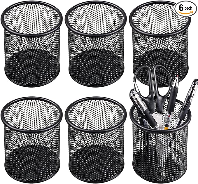 QYH Mesh Pen Cup Metal Pencil Holder for Desk 6 Packs Black Pen Organizer Office 3.54x3.93 Inch