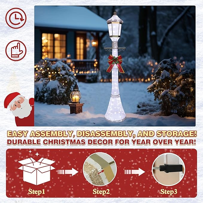 BlueWish 6FT Pre-Lit Freestanding Lamp Post for Christmas Decorations Outdoor, White Post Lamp with Removable Decorative Bow, Lighted Post Christmas Decoration with 120 LED Lights for Yard, Patio
