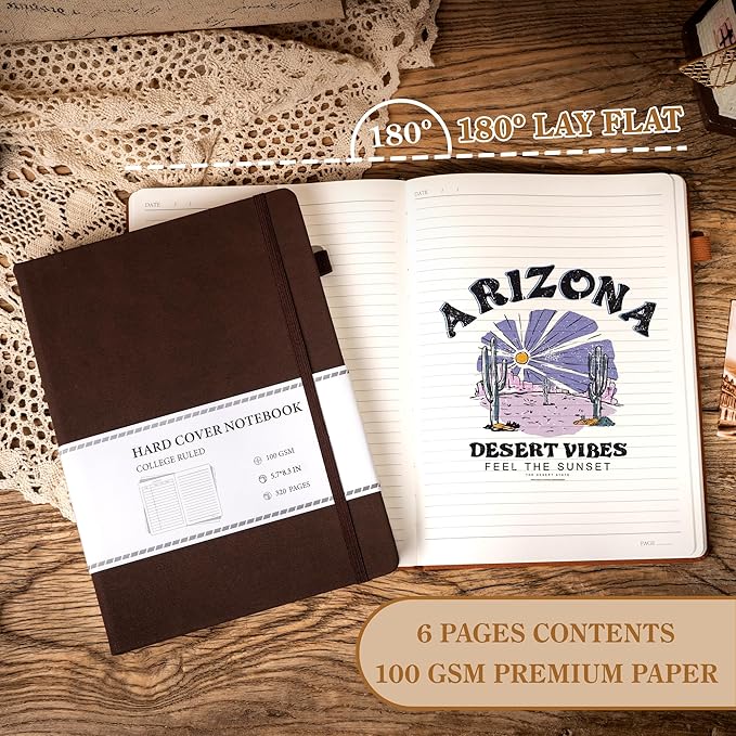 CAGIE Lined Journal Notebook for Men Women 320 Pages Leather Journals for Writing A5 Thick Hardcover Journaling Notebooks for Work Note Taking Diary, 5.7x8.3 in, Dark Brown