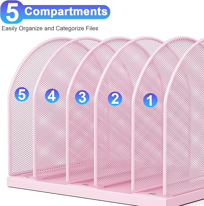 gianotter Desktop File Organizer, Desk Organizer with 5 Compartments, Paper Organizer for Desk, Workspace Organizers for Office Supplies (Pink)