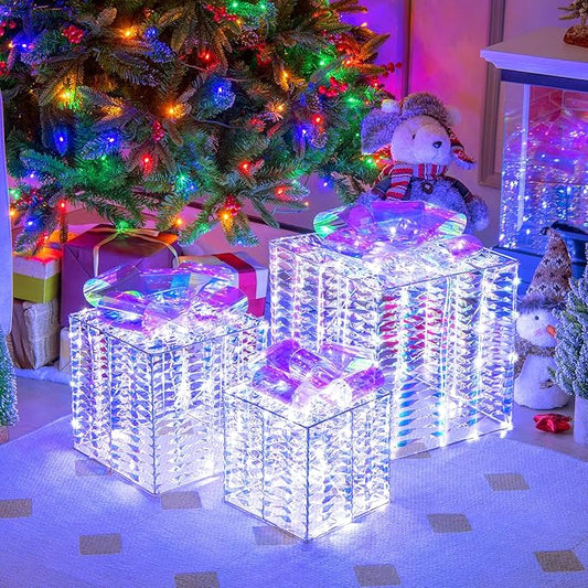 Tangkula Set of 3 Lighted Christmas Iridescent Box, 156 Cold White LED Lighted Present Boxes with Iridescent Bows, Ground Stakes, Light up Box Decorations for Indoor Outdoor, Yard, Lawn
