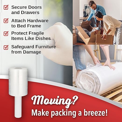 2 Pack Industrial Strength Mini Hand Stretch Wrap 5" 1000 Ft Roll 80 Gauge Thick, Shrink Wrap Roll for Moving Supplies, Furniture, Pallets, Plastic Wrap for Packing, Heavy Duty Stretch Film