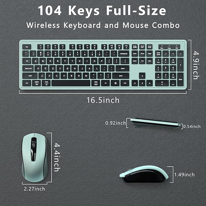 Wireless Keyboard and Mouse Combo, COVEVA 2.4GHz Wireless Keyboard Mouse with USB Receiver, Water-Dropping Keycaps, 104 Keys Full Size with Number Pad for PC Laptop Computer Desktop(Black Green)