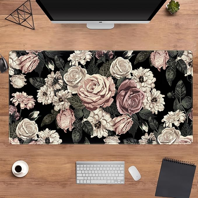 Retro Rose Floral Desk Mat Vintage Flower Plant Mouse Pad XXL Large Gaming Mousepad Cute Desk Pad Computer Mat 31.5x15.75 in, Cool Desktop Accessories for Women Office Desk Decor Keyboard Pad Mat