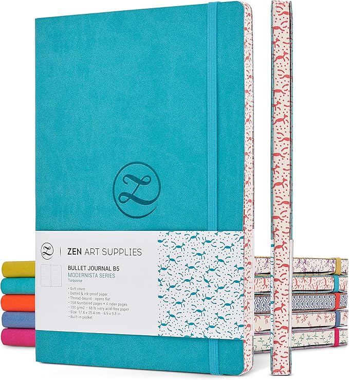 ZenART Supplies A5 Dotted Journal - Enjoy Bullet Journaling with a Soft Cover, Non-Bleed Thick 120gsm Paper with Japanese Edge Motif - Turquoise Faux Leather Lay Flat Dot Notebook