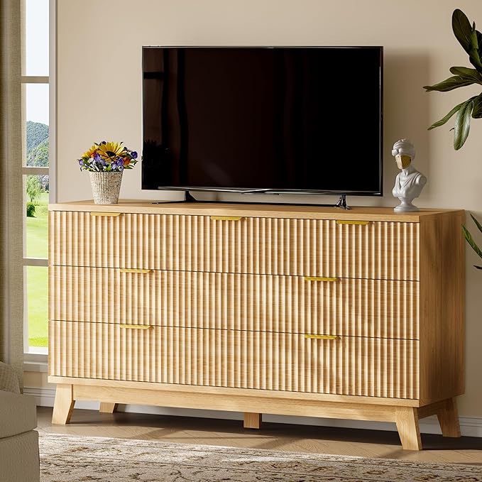 Fluted Dresser with 7 Drawers, 58" Wide Modern Chest of Drawers with Metal Handle, Wooden Dresser TV Stand, Wood Closet Clothes Storage Organizer for Bedroom, Living Room, Hallway, Natural Oak