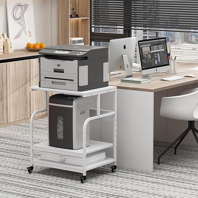 White Printer Stand, 23.6 x18.9 x 30 Inches Big Size Printer Table with Adjustable Shelf, 3 Tier Rolling Printer Cart with Wheels for Home Office Storage and Organization