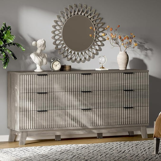 Fluted Dresser with 9 Drawers, 63" Wide Wood Chest of Drawers with Metal Handle, Wooden Dresser TV Stand, Modern Closet Clothes Storage Organizer for Bedroom, Living Room, Hallway, Light Grey