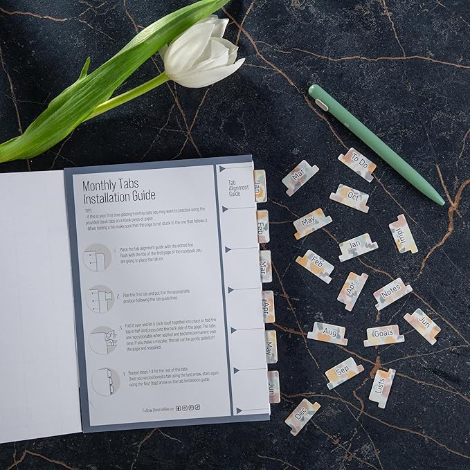 DIVERSEBEE Laminated Planner Monthly Tabs, 24 Peel and Stick Tabs for Notebooks (12 Month Tabs and 4 Blank Tabs), Calendar Monthly Tab Stickers for Planners, Monthly Dividers (Mist) DB117