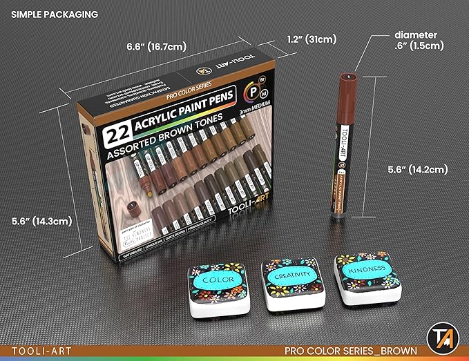TOOLI-ART 22 Acrylic Paint Markers Pens Pro Color Series Set 3mm Medium Tip for Rock Painting, Glass, Mugs, Wood, Metal, Glass, Canvas, DIY. Non Toxic, Waterbased, Quick Drying (BROWN)