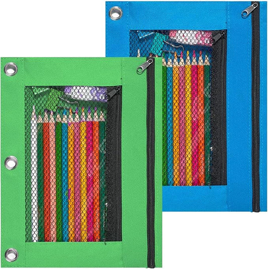 Sooez Pencil Pouch for 3 Ring Binder, 2 Pack Fabric Binder Pouch with 2 Pockets, Pencil Bags with Zipper and Reinforced Grommets, Pencil Cases for Binder