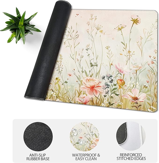 31.5”x11.8”Large Gaming Mouse Pad for Desk, Mouse Mat with Seamed Edges, Waterproof Desk Pad, Non-Slip Rubber Base, Keyboard Pad Computer Mat, Big XL Mousepad-Flower Wild Grasses
