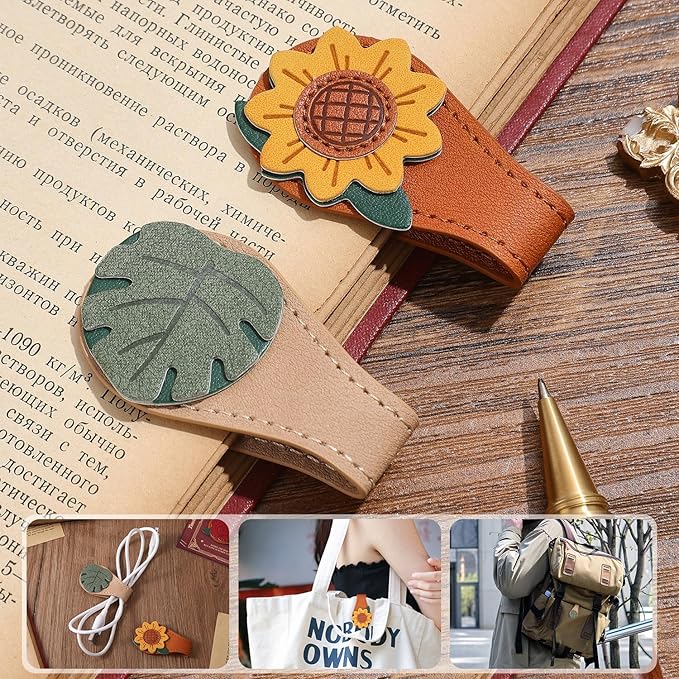 4PCS Vintage Magnetic Leather Bookmark, Leather Magnetic Bookmarks for Women, Magnetic PU Bookmarks Clip Book Accessories