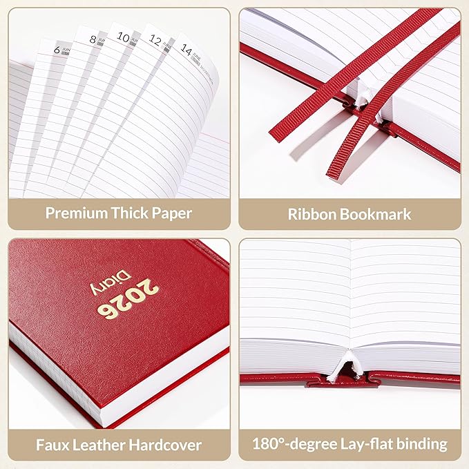 SUNEE 2026 Diary Journal Hardcover - Daily Planner Organizer for Work & School - Daily Page Layout with Holidays, Notes, Contacts - Agenda for Women & Men, Red