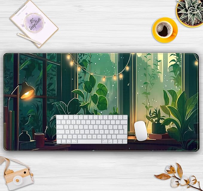 Cute Green Lofi Desk Mat Plants Mouse Pad Anime Forest Aesthetic Nature Desk Pad, XXL Large Gaming Extended Mousepad for PC Laptop Keyboard Mouse Mat Women Office Decor Girl Playmat 31.5x15.75 in