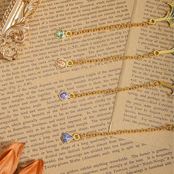Feather-Shaped Metal Bookmarks with Chain, 4-Pack Vintage-Inspired Book Marks Set - Cute Unique Page Markers Gifts for Book Lovers, Readers, Writers, Reading Women, Men, Kids, Teens (Starry Wings)