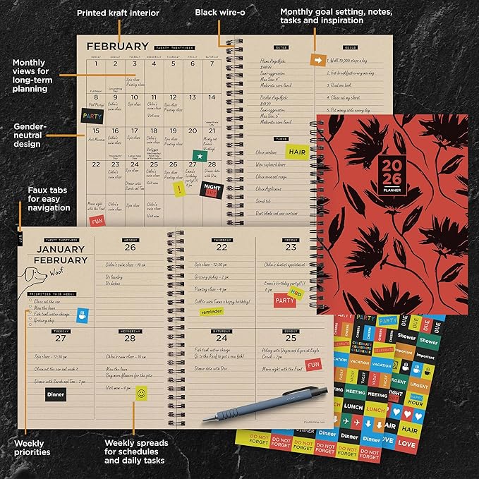 TF Publishing 2026 Electric Red Medium Weekly Monthly Planner with 12-Month Calendar Grid, Goals and Task Trackers - Weekly Schedule Planner with Priority List Section and Stickers - 6.5in x 8in