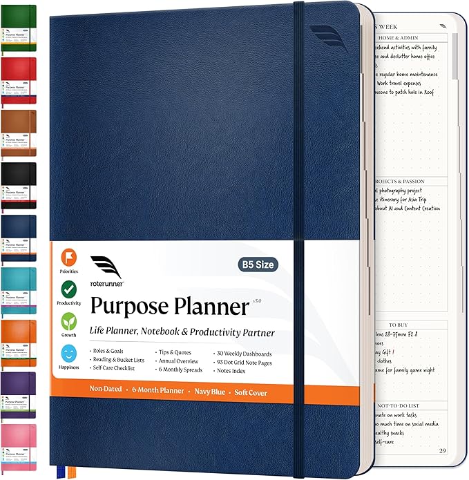 Roterunner Purpose Planner Notebook B5 7.5”x9.8” Undated Planner 2025 Daily Weekly and Monthly Productivity Goal Setting Tool for Work Home