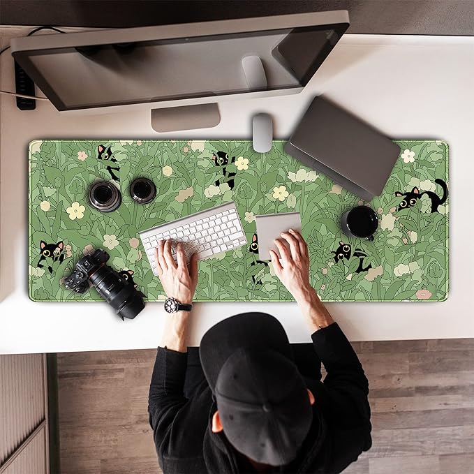 Cute Green Leaves Pink Flowers Mouse Pad Desk Pad Kawaii Anime Cat Desktop Protector Decor Desk Mat, XL Large Gaming Mousepad for Girl Women Laptop Computer Keyboard and Mouse Mat 31.5x11.8 in