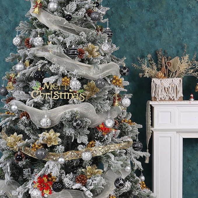 100ct Black and Silver Christmas Ornaments Set, Shatterproof Christmas Decorations for Tree Plastic Xmas Ball Ornaments with Assortment of Designs and Size for Holiday Party Decor (Black & Silver)