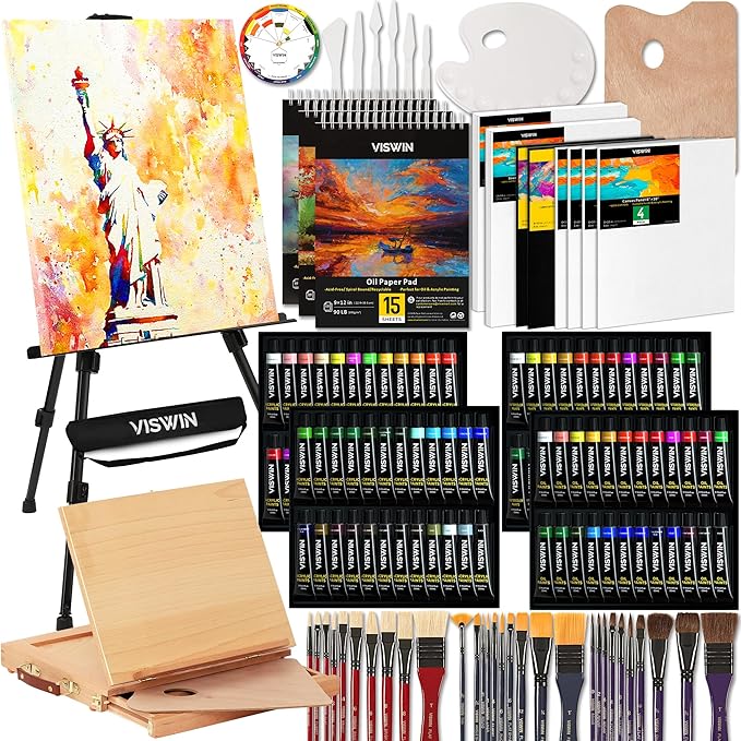 VISWIN 151Pcs All-in-One Art Painting Kit with Aluminum & Beech Wood Easel, 96 Acrylic, Watercolor & Oil Paint Set, Canvases, Painting Set with Complete Art Supplies for Adults, Artists, Beginners