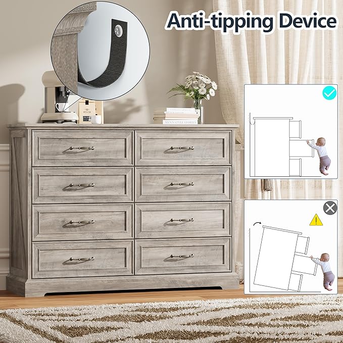 8 Drawer Dresser for Bedroom, 47" Wide Wooden Chest of Drawers, Rustic Farmhouse Dresser with Large Drawers & Metal Handles, Modern Storage Organizer for Closet, Living Room, Hallway, Grey