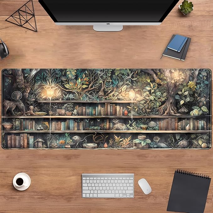 Kawaii Green Tree Desk Mat Cute Mouse Pad Anime Forest Library Book Mousepad XL Large Extended Gaming Desk Matt for Desktop, Keyboard and Mouse Mat for Women Office Decor Accessories 31.5x11.8 in