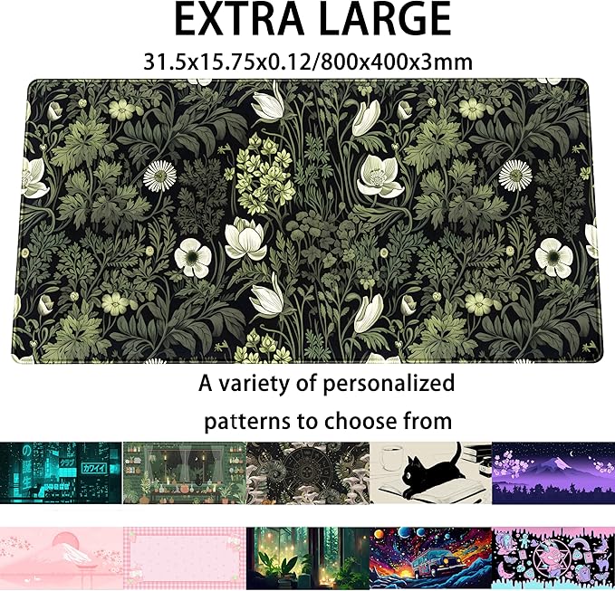 Dark Green Floral Plants XXL Gaming Mousepad & Desk Pad - Nature Leaf Flower Laptop Keyboard Mat 31.5 x 15.75