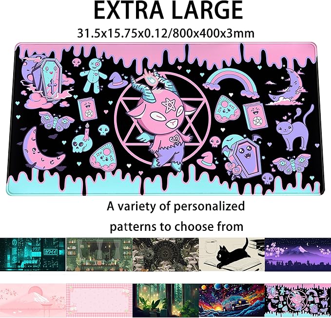 Cute Pastel Goth Desk Mat Kawaii Japanese XXL Extra Large Extended Desk Pad Gaming Mouse Pad, Anime Computer Laptop Mat Keyboard and Mouse Mat for Women Office Desk Decor Gamer Gift 31.5"x15.75"