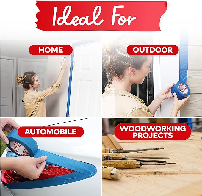 XFasten Blue Painter's Tape, 2 Inch x 60 Yards (12-Pack) Blue Painters Masking Tape Bulk - Sharp Edge Line Technology, Produces Sharp Lines | Residue-Free and Artisan Grade Wall Trim Tape