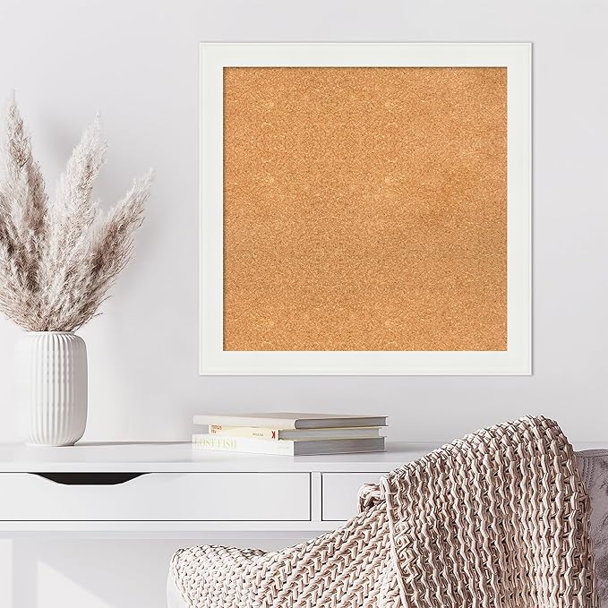 Amanti Art Natural Cork Board for Wall, 27x27 Vision Board with White Frame, Medium Corkboard Office Decor for Home Organization, Casual Corkboard Pinboard to Display Items for Home Organization in