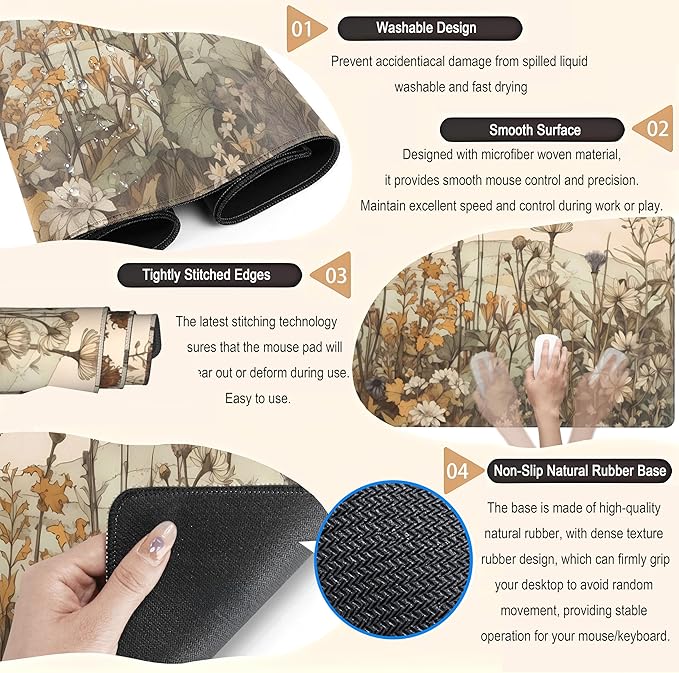 Pastel Wildflower Botanical Floral Desk Mat XXL Large Gaming Mouse Pad, Cute Nature Plant Flower Desk Pad Computer Mat 31.5x15.75 in, Laptop Keyboard and Mouse Mat Desktop Decor for Women