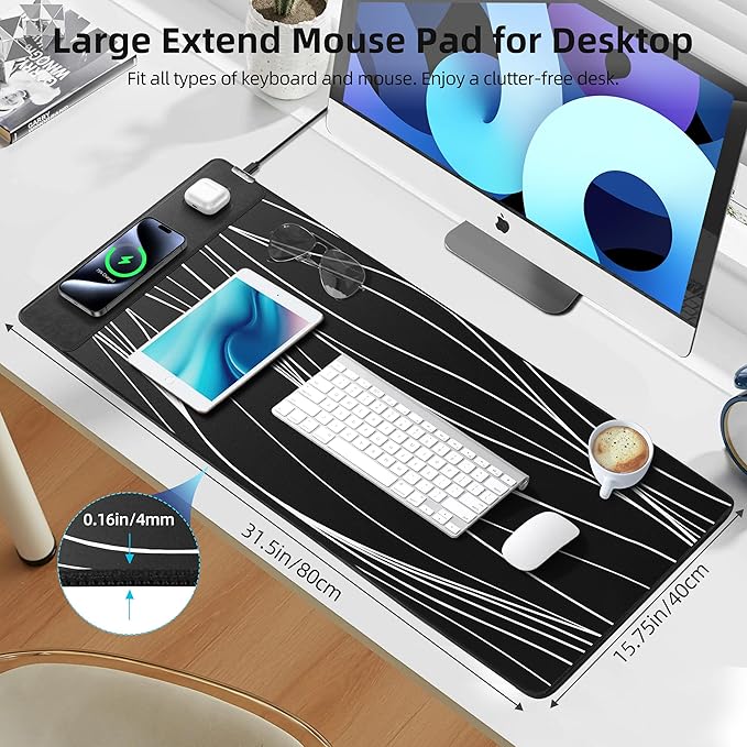 Mouse Pad with Wireless Charging, Gaming Mouse Pad with Ultra-Smooth Surface, Large XXL Desk Mat, Non-Slip Mouse Mat, Waterproof Computer Keyboard Pad for Desk, Office, 800x400x4MM, Black and Line