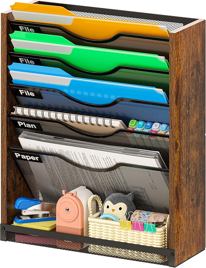 6-Tier Wall File Organizer with Bottom Tray, Ironwood Mail Organizer Wall Mounted with Metal Mesh, Document Organizer for Paper, Folder, Magazine, Office Desk Accessories for Home Cubicle Countertop