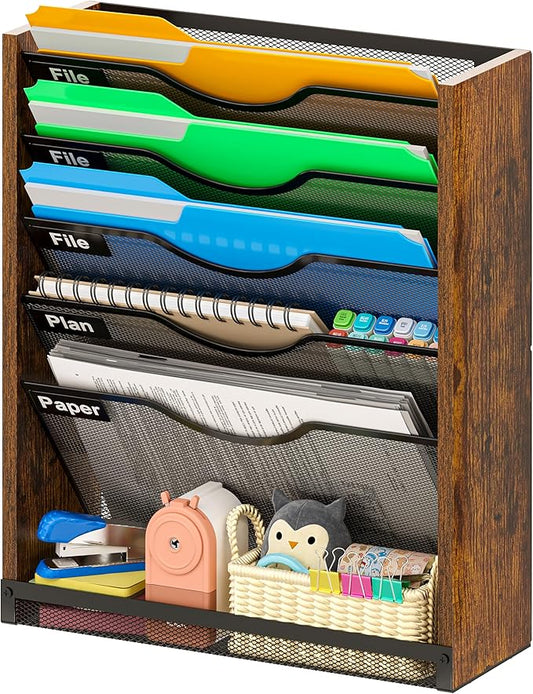 6-Tier Wall File Organizer with Bottom Tray, Ironwood Mail Organizer Wall Mounted with Metal Mesh, Document Organizer for Paper, Folder, Magazine, Office Desk Accessories for Home Cubicle Countertop