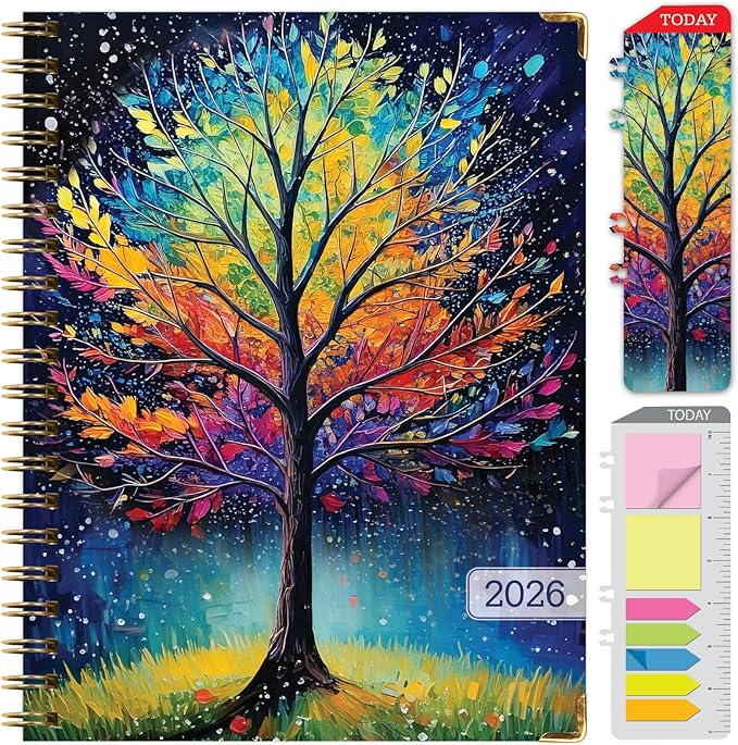 HARDCOVER 2026 Planner, 8.5"x11": 14 Months (November 2025 - December 2026), Daily Weekly Monthly Planner, Yearly Agenda, Bookmark, Pocket Folder and Sticky Note Set (Black Tree Seasons)