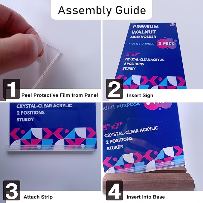 Acrylic Sign Holder 5x7" [3-PACK] | Walnut Wood Base and Crystal-Clear Acrylic Frame: Double-Sided Tabletop Display. Menu Holder, Picture Frame, Store Sign, Display Stand or Booth Display.