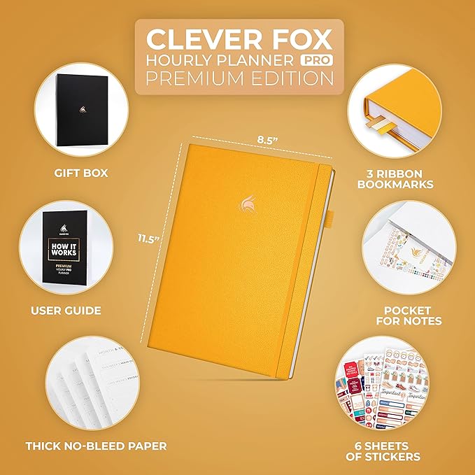 Clever Fox Hourly Planner PRO Premium – Undated Schedule Planner with Daily Time Slots – Personal Organizer Notebook for Time Management – Weekly & Monthly Life Journal, A4 size (Amber Yellow)